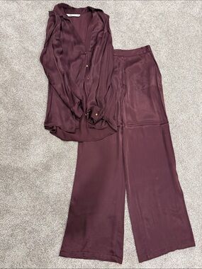 Zara Plum Satin Wide-Leg Pants & Shirt Set